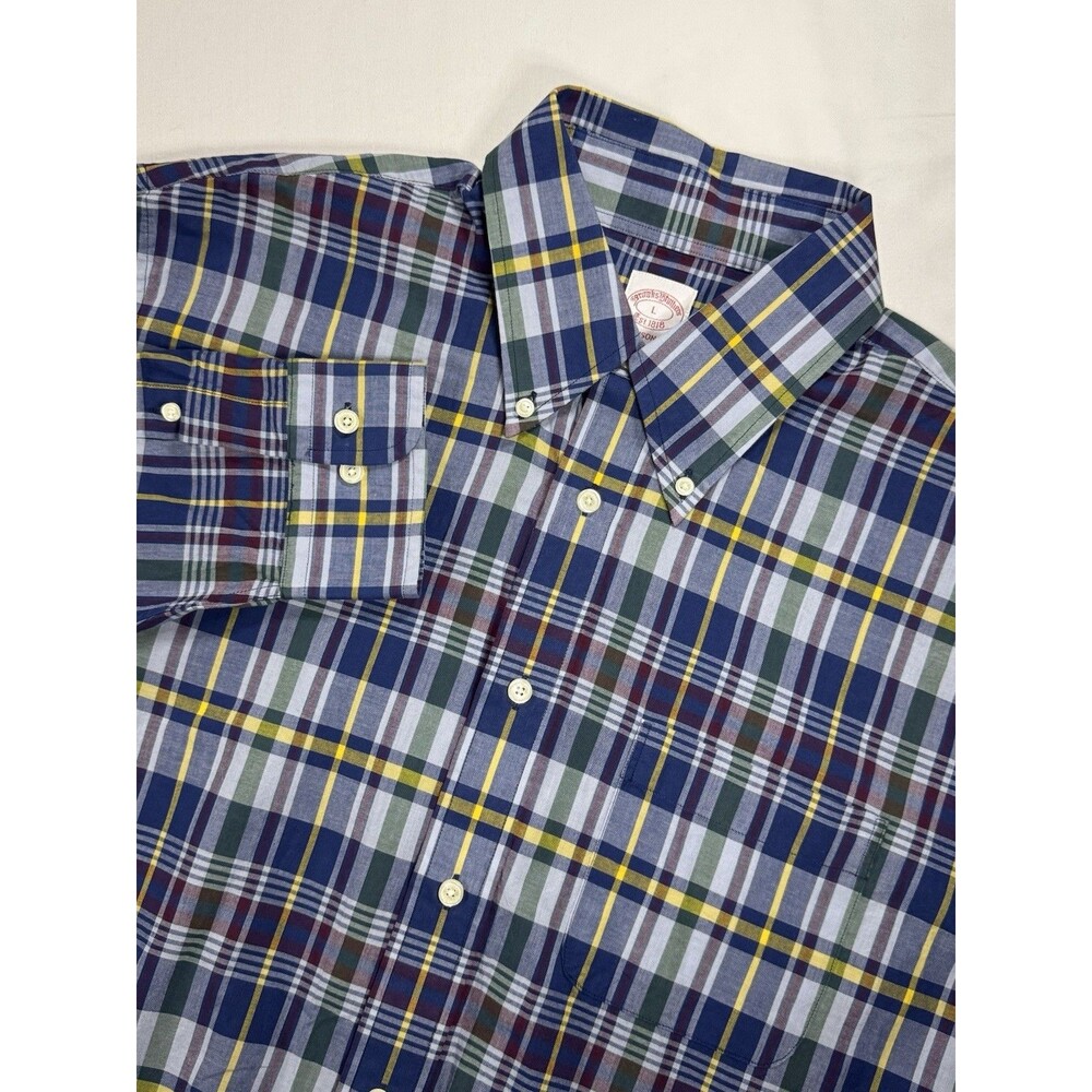 Brooks Brothers Madison Fit Men's L Blue Green Yellow Plaid Button-Down Shirt
